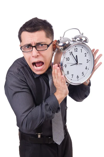 Uomo d'affari divertente con orologio isolato su bianco — Foto Stock