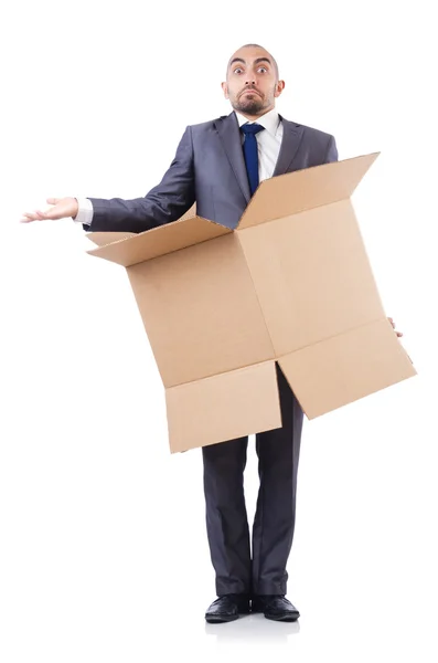 Businessman with box isolated on the white — Stock Photo, Image