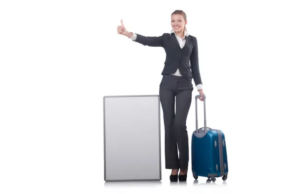 Mujer preparándose para las vacaciones con maleta en blanco — Foto de Stock