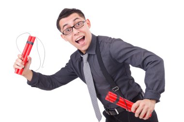 Dinamiti olan bir iş adamı beyazda izole edilmiş.