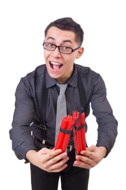 Dinamiti olan bir iş adamı beyazda izole edilmiş.