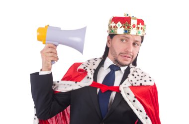 Hoparlörlü kral iş adamı beyazdan izole edilmiş.