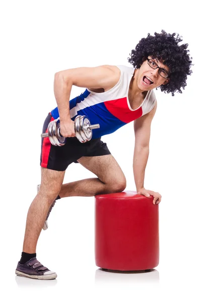 Hombre divertido haciendo ejercicio con pesas —  Fotos de Stock