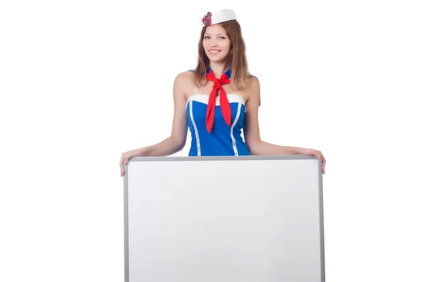 Young woman with blank board on white — Stock Photo, Image