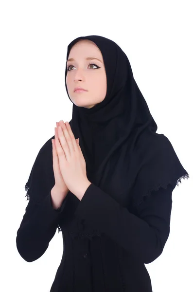 Mladá muslimka se modlí izolované na bílém — Stock fotografie