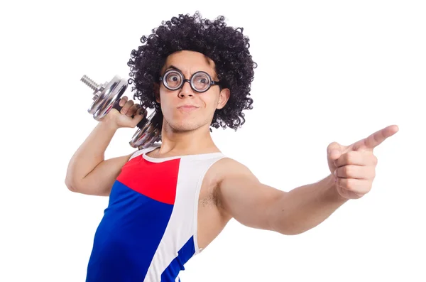 Homem engraçado exercitando com halteres — Fotografia de Stock