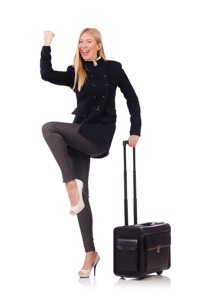 Businesswoman with travel suitcase on white