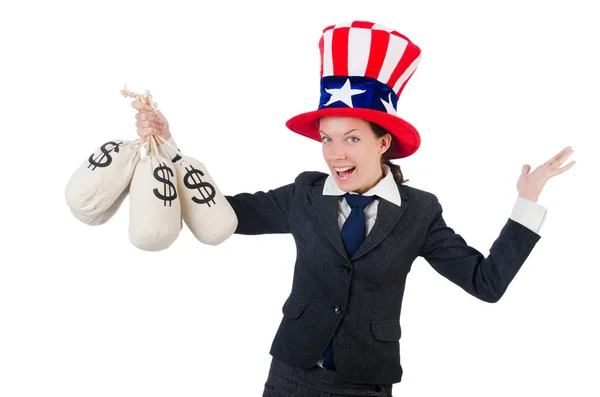 Businesswoman with sacks of money on white — Stock Photo, Image