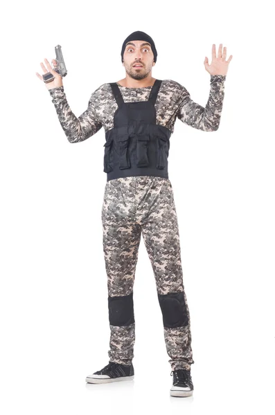 Soldaat in camouflage met pistool op wit — Stockfoto
