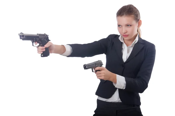 Γυναίκα επιχειρηματίας με όπλο σε λευκό — Φωτογραφία Αρχείου