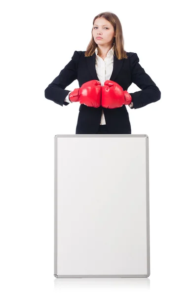 Woman boxer with blank board on white — Stock Photo, Image