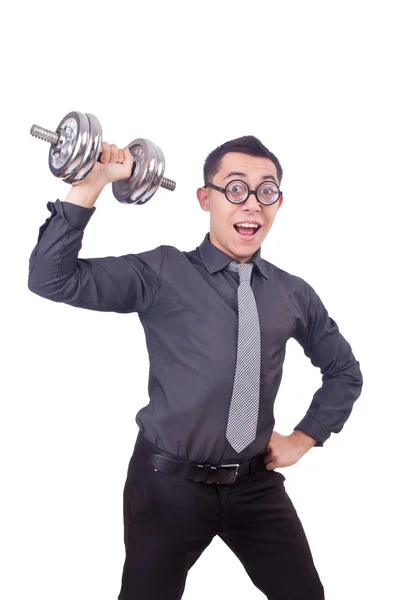 Hombre de negocios divertido con mancuernas aisladas en blanco — Foto de Stock