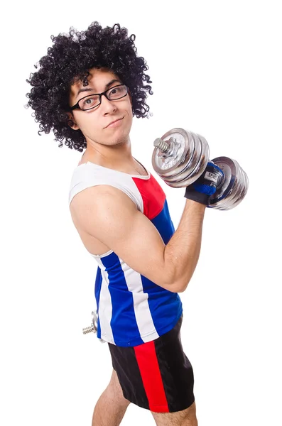 Hombre divertido haciendo ejercicio con pesas — Foto de Stock