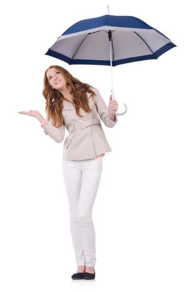 Jeune femme avec parapluie sur blanc — Photo