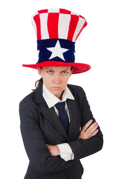 Beyaz üzerinde Amerikan sembolleri olan genç bir kadın. — Stok fotoğraf