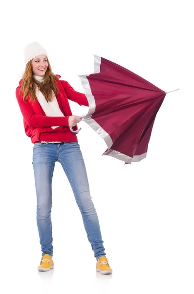 Young woman with umbrella on white — Stock Photo, Image