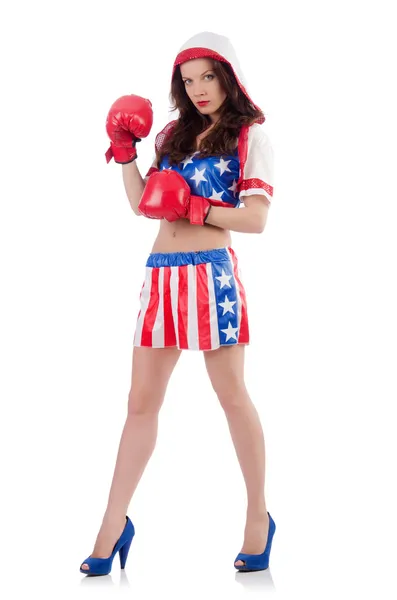 Žena boxer v uniformě se symboly USA — Stock fotografie