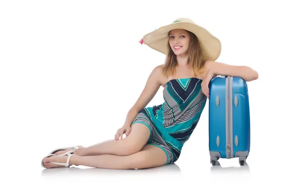 Mulher com suitacases se preparando para férias de verão — Fotografia de Stock