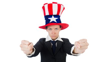 Beyaz üzerinde Amerikan sembolleri olan genç bir kadın.