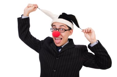 Palyaço işadamı beyazda soyutlanmış