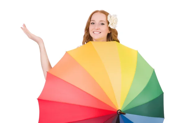 Junges Mädchen mit buntem Regenschirm — Stockfoto