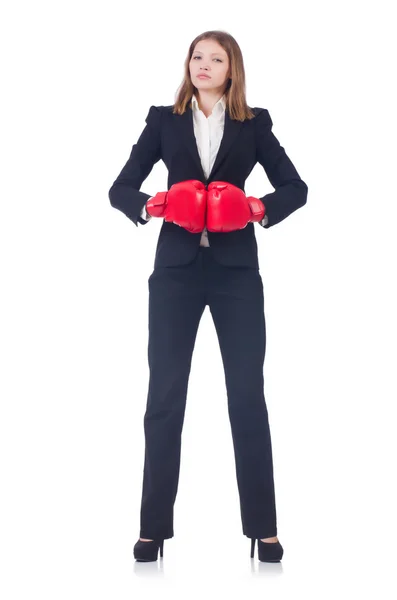 Mulher empresária com luvas de boxe em branco — Fotografia de Stock