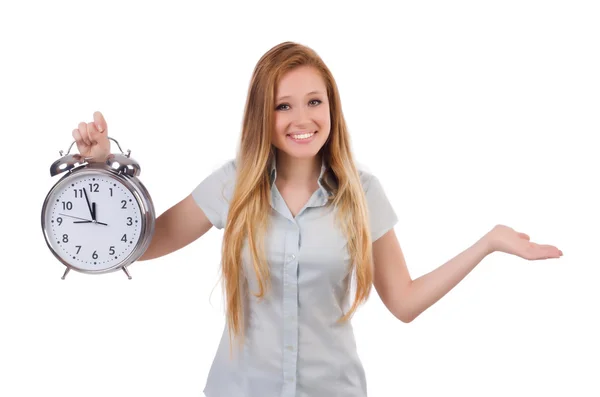 Young woman with clock on white — Stock Photo, Image