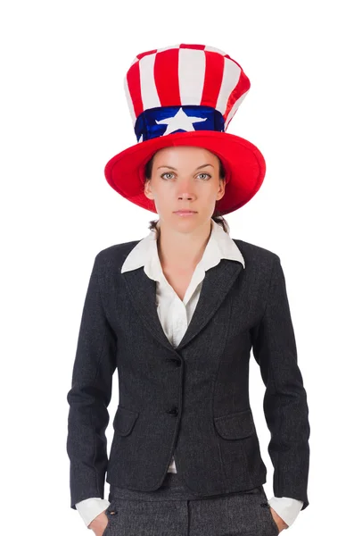 Young woman with american symbols on white — Stock Photo, Image