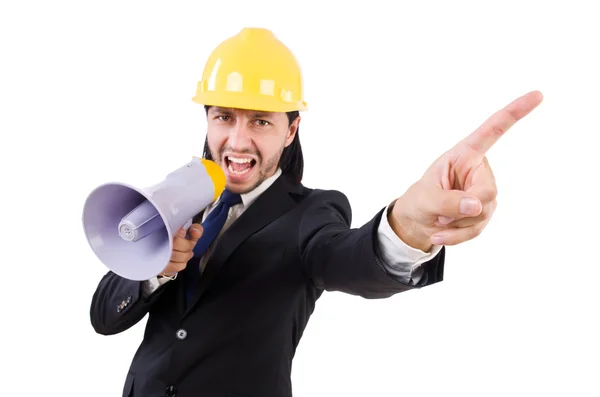 Man with helmet and loudspeaker on white — Stock Photo, Image