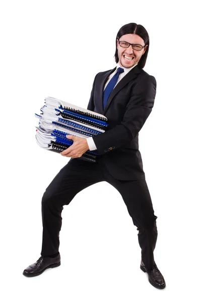 Hombre divertido con un montón de papeles en blanco — Foto de Stock