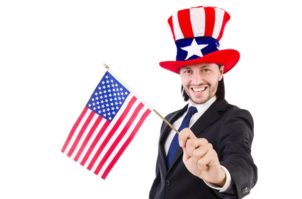 Hombre con bandera americana aislado en blanco — Foto de Stock