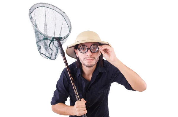 Homme drôle avec filet attrapant sur blanc — Photo