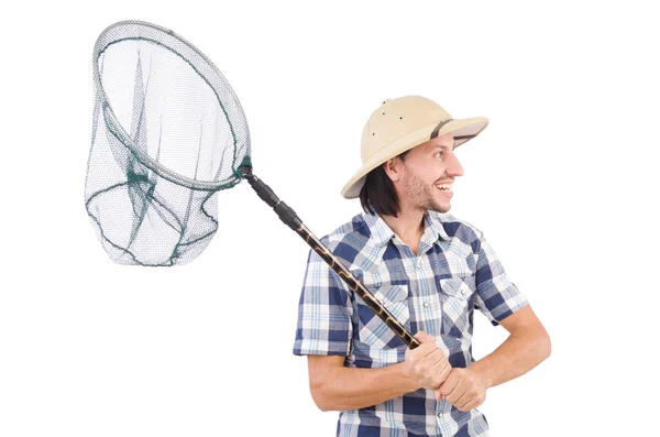 Homme drôle avec filet attrapant sur blanc — Photo