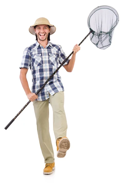 Funny guy with catching net on white — Stock Photo, Image