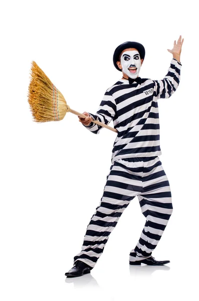 Prisoner with broom isolated on the white — Stock Photo, Image