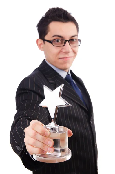 Funny guy receiving award on white — Stock Photo, Image