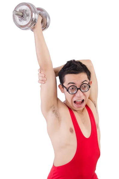 Chico divertido haciendo ejercicio con mancuernas en blanco — Foto de Stock