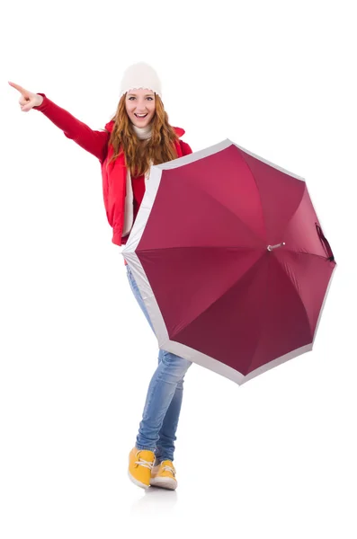 Young woman with umbrella on white — Stock Photo, Image