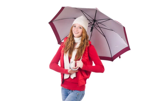 Young woman with umbrella on white — Stock Photo, Image