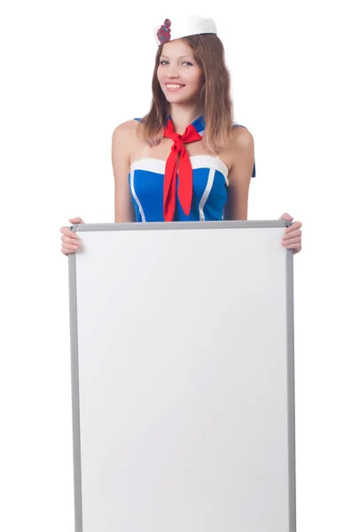 Young woman with blank board on white — Stock Photo, Image