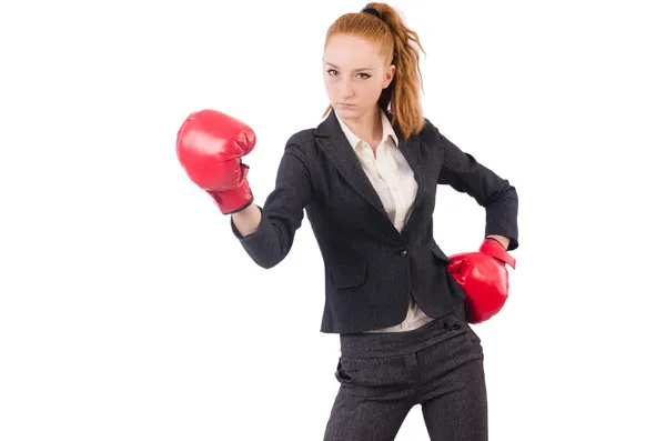 Woman businesswoman with boxing gloves on white — Stock Photo, Image