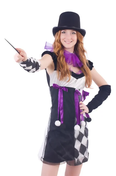 Magician woman with wand on white — Stock Photo, Image