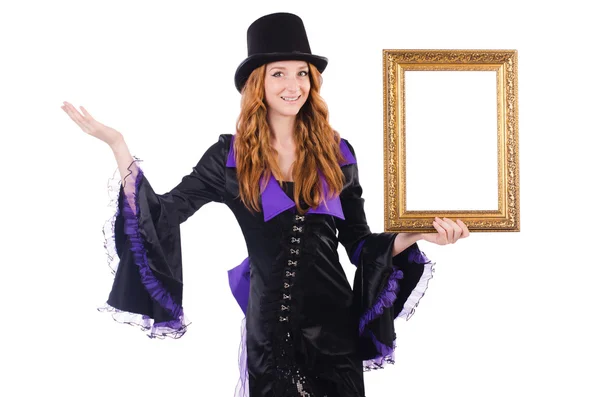 Woman with picture frame on white — Stock Photo, Image