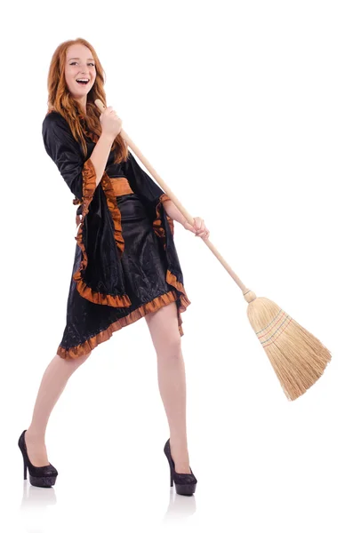 Nice witch with broom on white — Stock Photo, Image