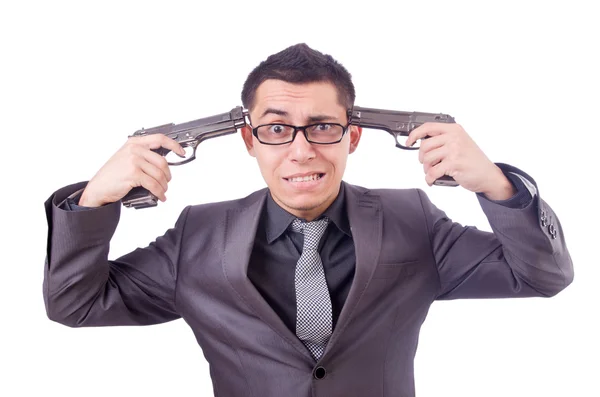 Funny businessman with gun on white — Stock Photo, Image