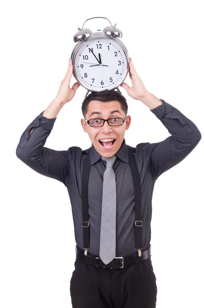 Divertido hombre de negocios con reloj aislado en blanco —  Fotos de Stock