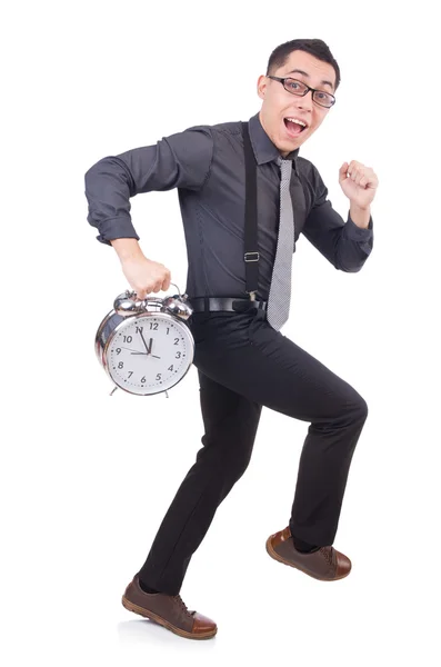 Homme d'affaires drôle avec horloge isolé sur blanc — Photo