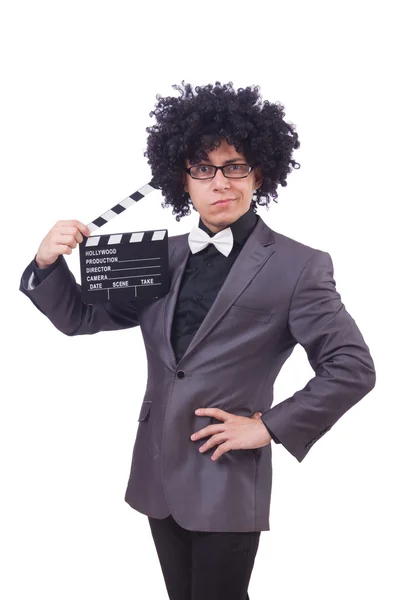 白い上に隔離された映画のクラッパーを持つ男 — ストック写真