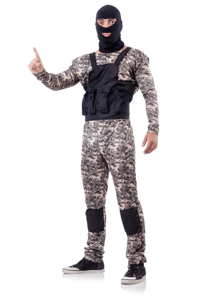 Soldaat in camouflage geïsoleerd op wit — Stockfoto