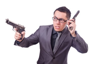 Beyaz silahlı komik iş adamı.